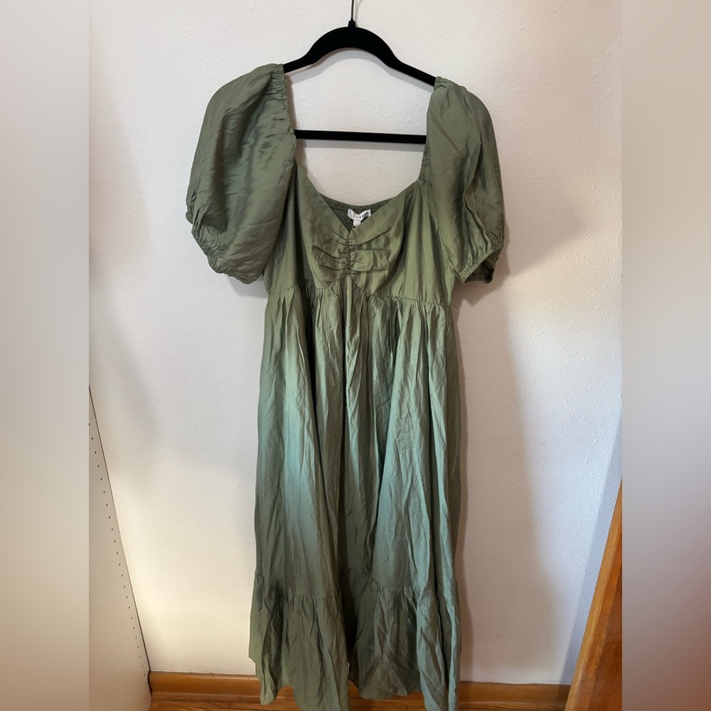 Baltic Born Olive Green Midi Dress with Puff Sleeves